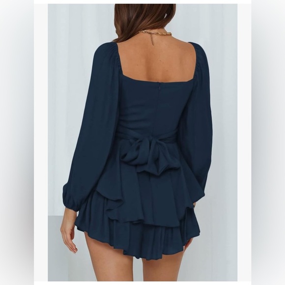 Romper Long Sleeve Off Shoulder Ruffle Chiffon Shorts Medium Navy Blue Boho Zip - Picture 4 of 11